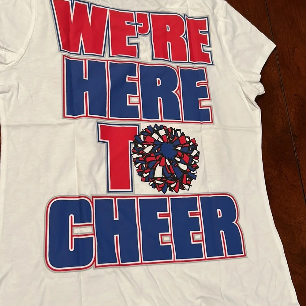 NWT Justice We’re Here To Cheer White Glitter Cheerleading Top Size 18
